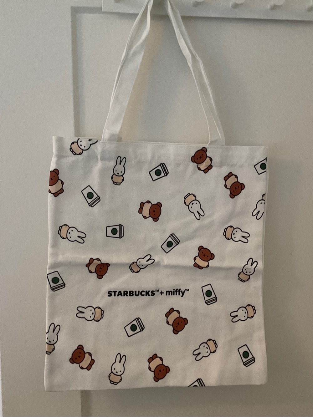 miffy White Tote Bag with Brown Character Print